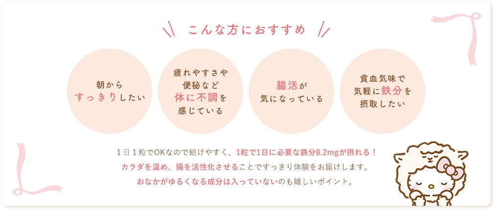 こんな方におすすめ！朝からすっきりしたい。疲れやすさや便秘など体に不調を感じている。腸活が気になっている。貧血気味で、気軽に鉄分を摂取したい１日１粒でOKなので続けやすく、1粒で1日に必要な鉄分8.2mgが摂れる！カラダを温め、腸を活性化させることですっきり体験をお届けします。おなかがゆるくなる成分は入っていないのも嬉しいポイント。